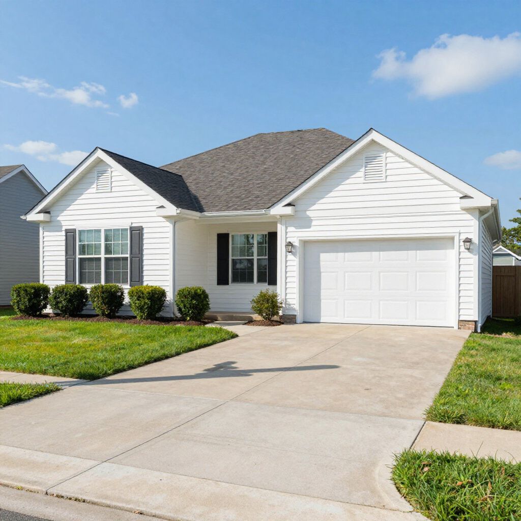 Suburban white house with a two-car garage, driveway, and neatly trimmed lawn under a blue sky