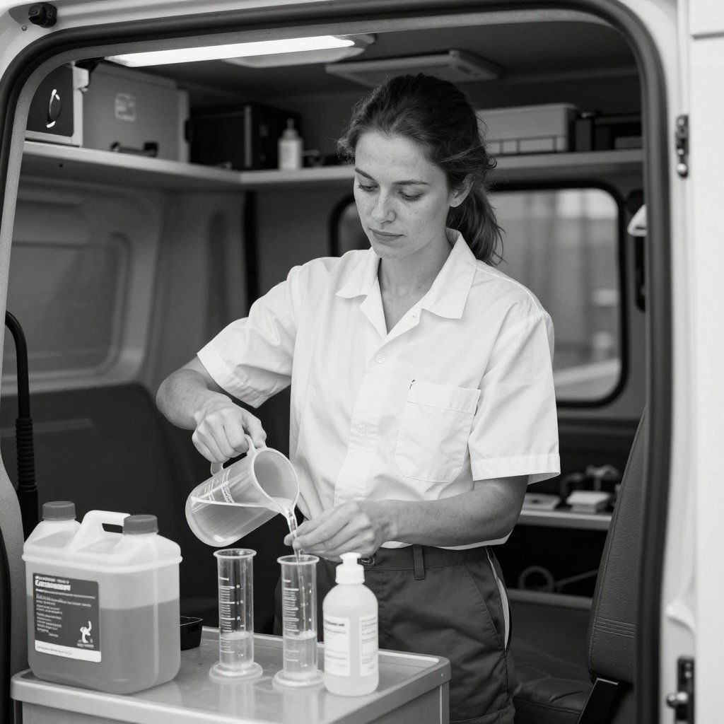 Person pouring liquid into a measuring cylinder in a van-based lab setup