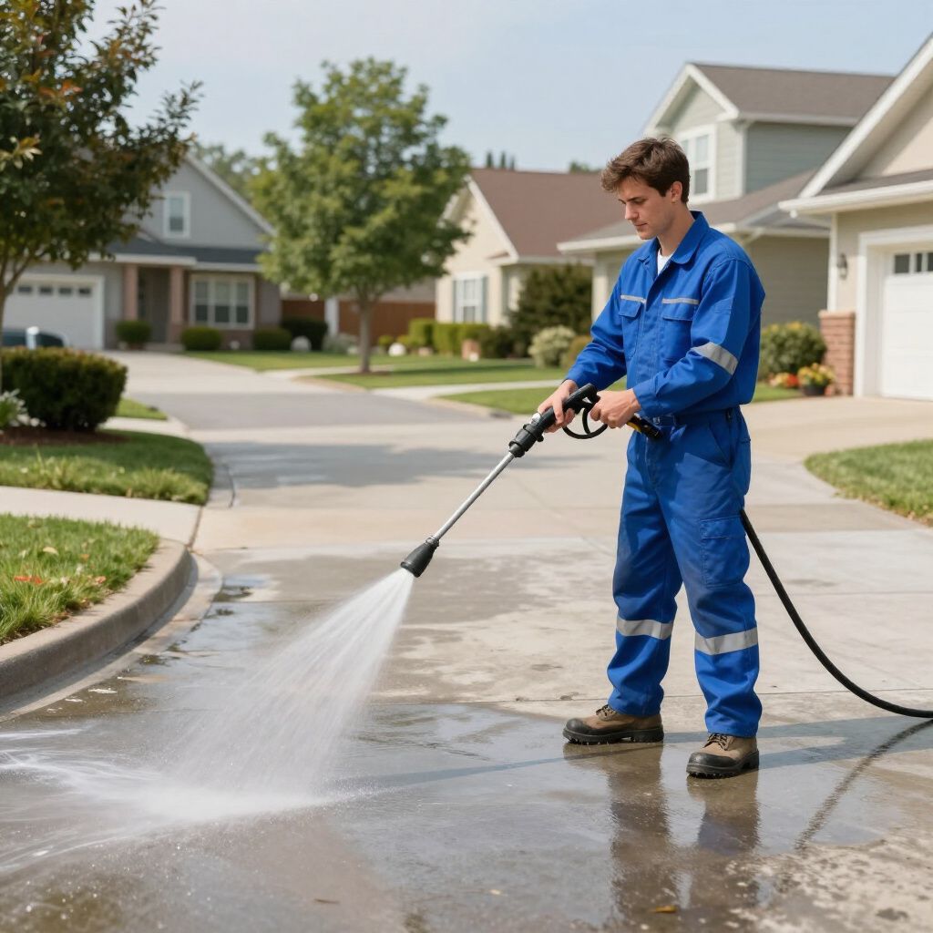 Worker in blue coveralls pressure-washing a suburban driveway with a hose