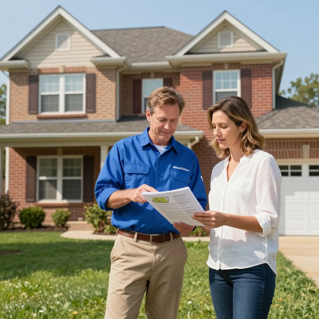 Two people reviewing papers in front of a suburban house in daylight