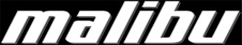 White stylized “malibu” wordmark on a black background