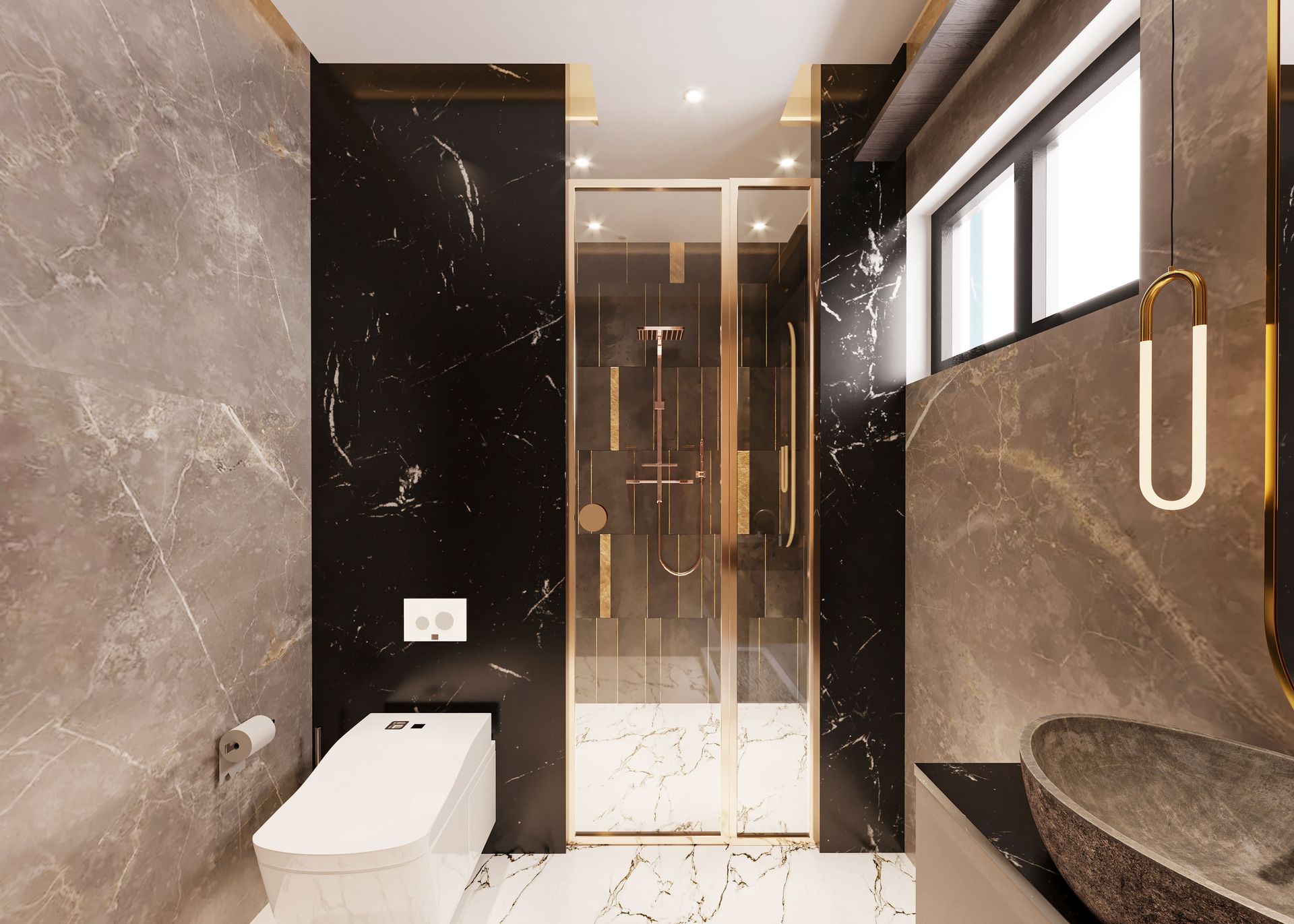 A sleek light brown open-concept bathroom with backlit mirror, standalone tub, and multiple canned lights