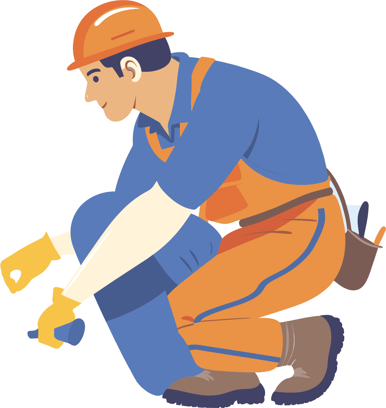 A man wearing a hard hat and overalls is kneeling down and holding a tool.