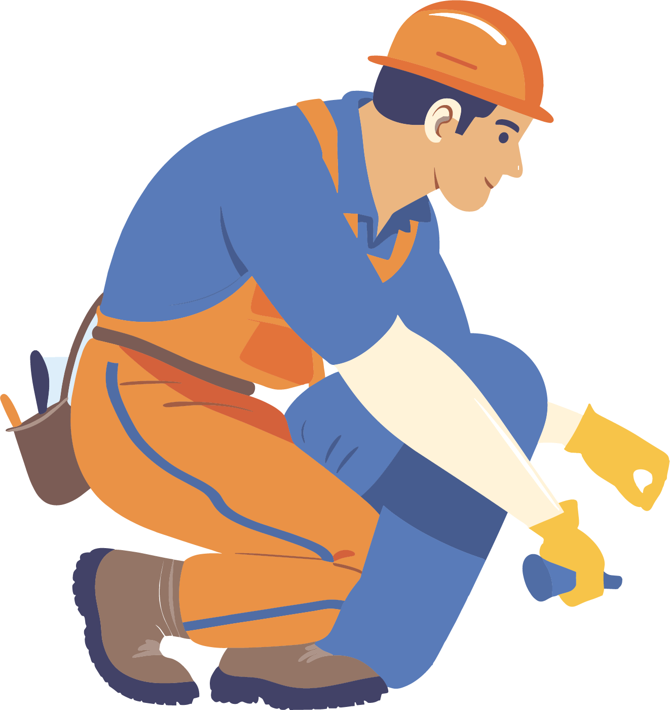 A man in a hard hat is kneeling down and holding a tool.