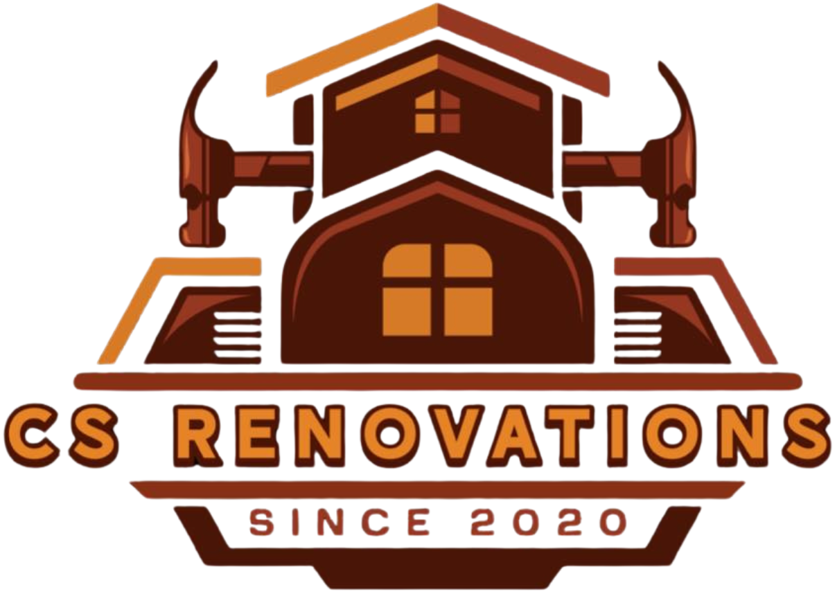 Logo for CS Renovations: a house outline with hammers, in shades of brown and orange;