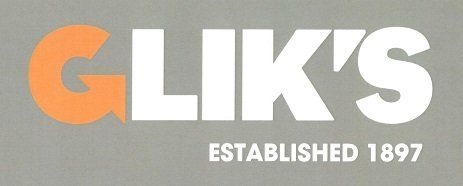 Logo for Glik's, a clothing store established in 1897. The G is orange, and the rest is white on a gray background.