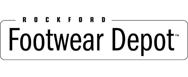 Logo for Rockford Footwear Depot. White rectangle, black text. 
