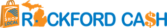 Logo for Rockford Cash, featuring a shopping bag, a Michigan outline, and text.