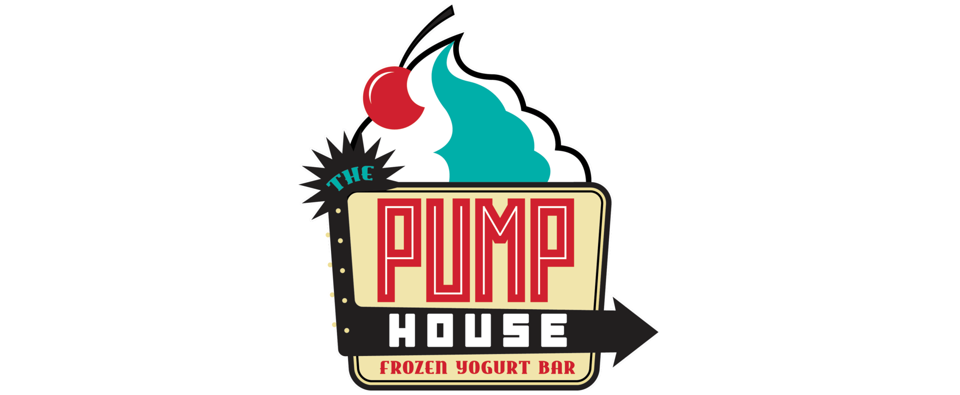 Logo for The Pump House frozen yogurt bar; cherry on top, retro sign, ice cream swirl.
