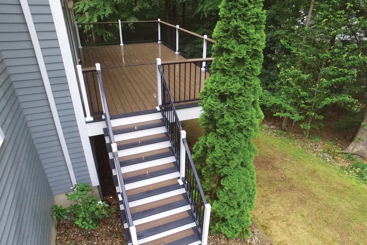 An aerial view of a deck with stairs leading up to it
