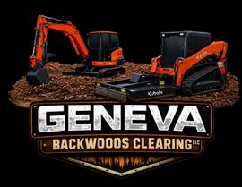 Logo for Geneva Backwoods Clearing LLC featuring an orange excavator on a pile of dirt above stylized text.