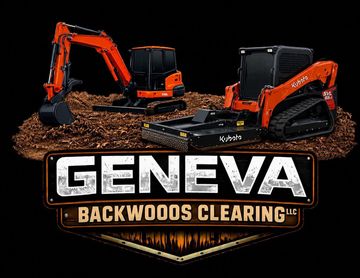Logo for Geneva Backwoods Clearing LLC featuring an orange excavator on a pile of dirt above stylized text.