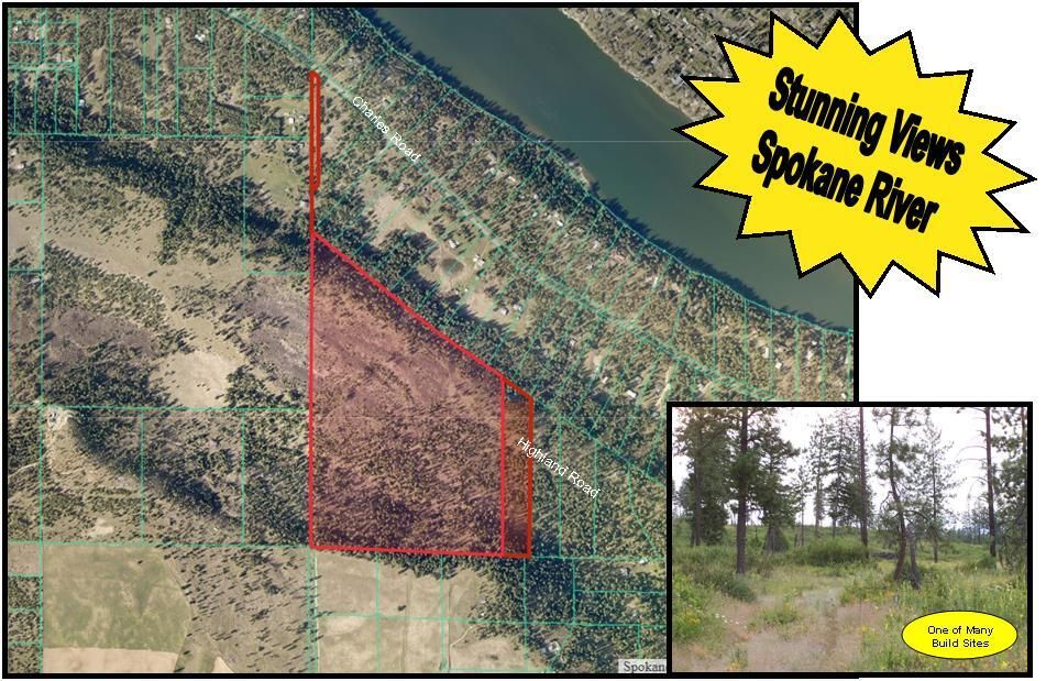 An aerial view of spokane river and a picture of a forest