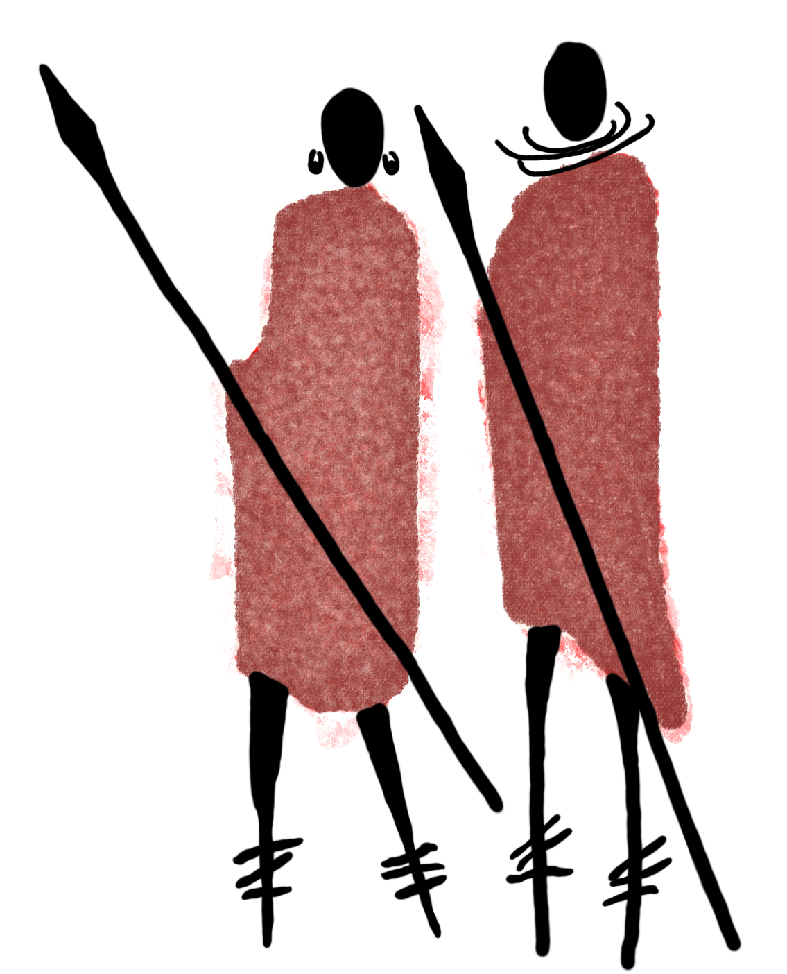 A couple of people standing next to each other holding spears.