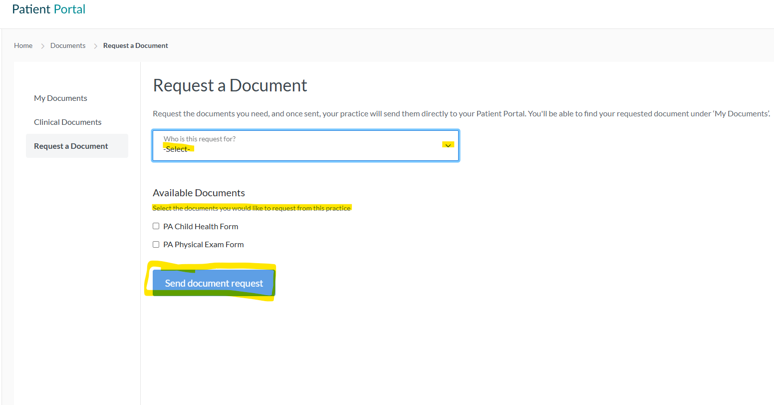 Request a Document form with a yellow dropdown and blue submit button on a white webpage