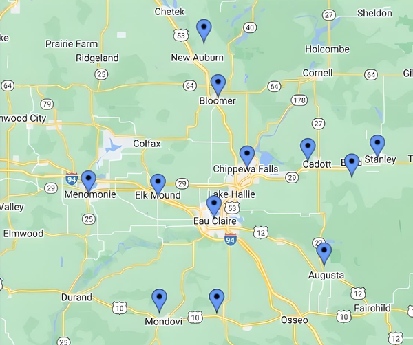 A map of a city with a lot of blue pins on it.
