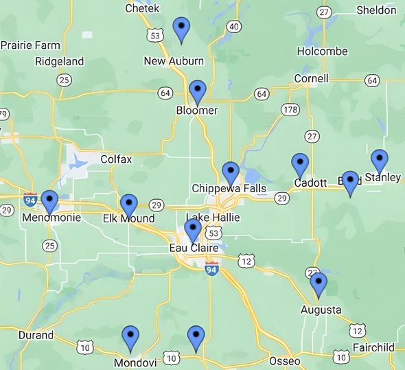 A map of a city with a lot of blue pins on it.