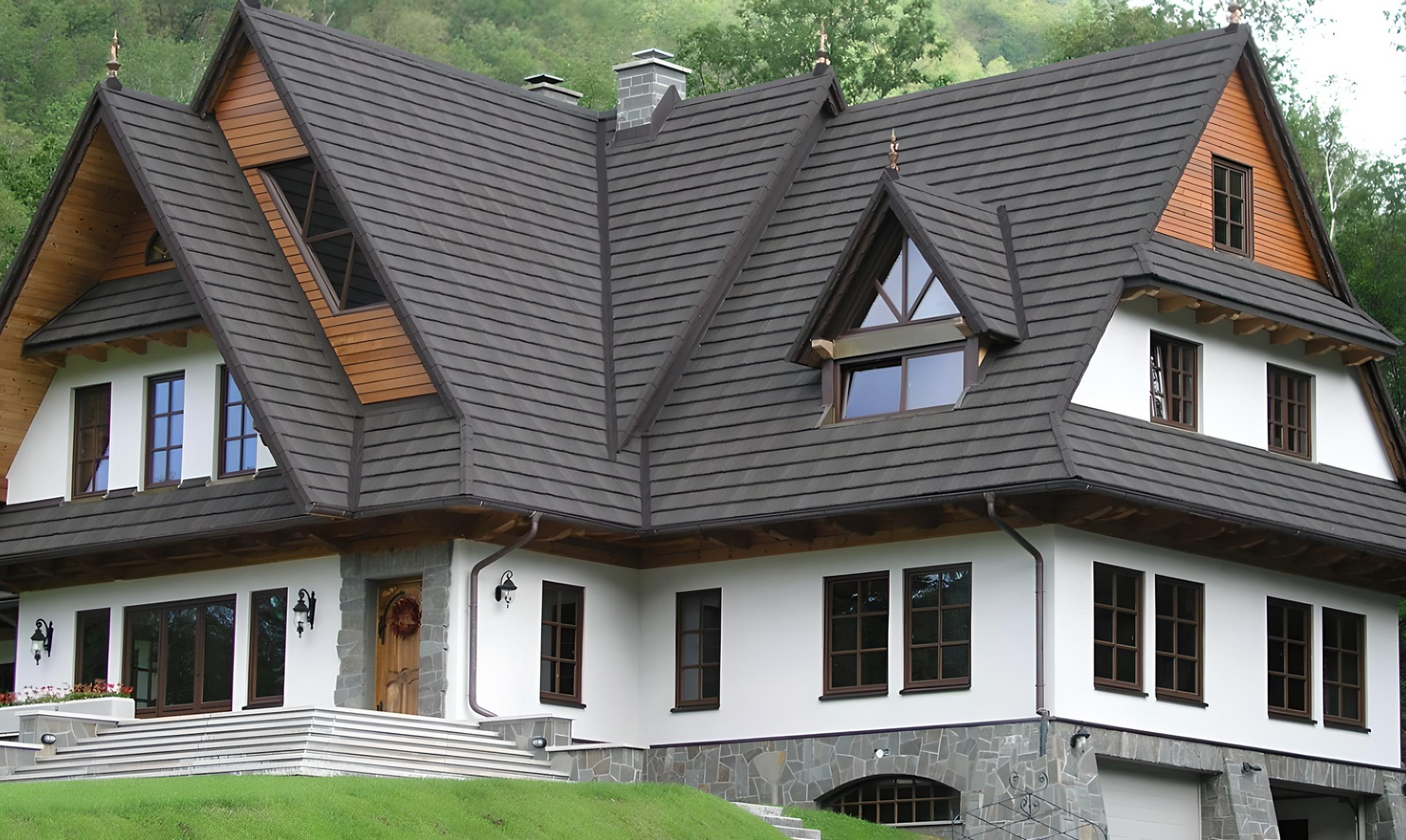 A large white house with a brown roof
