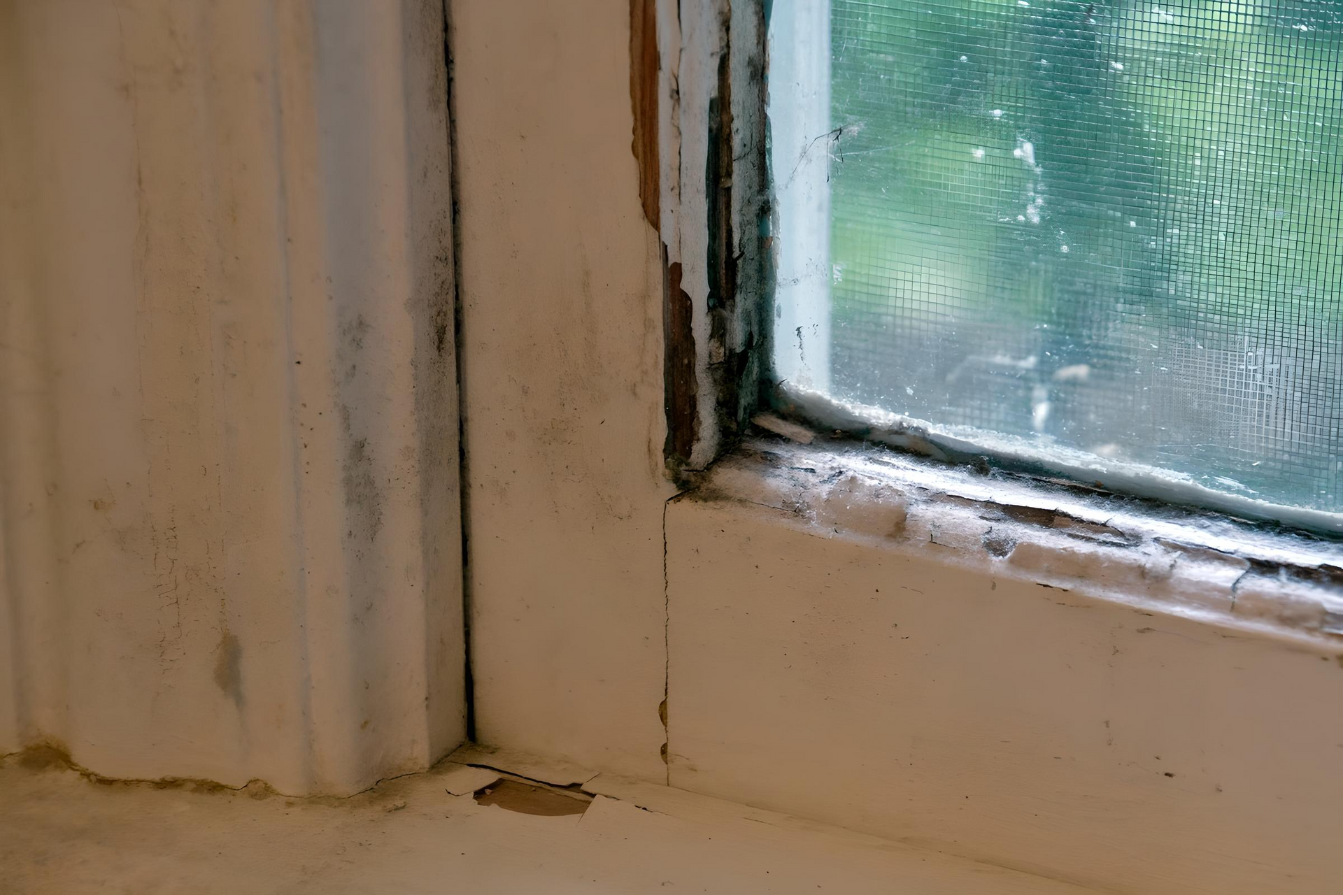 A close up of a window with peeling paint on it.