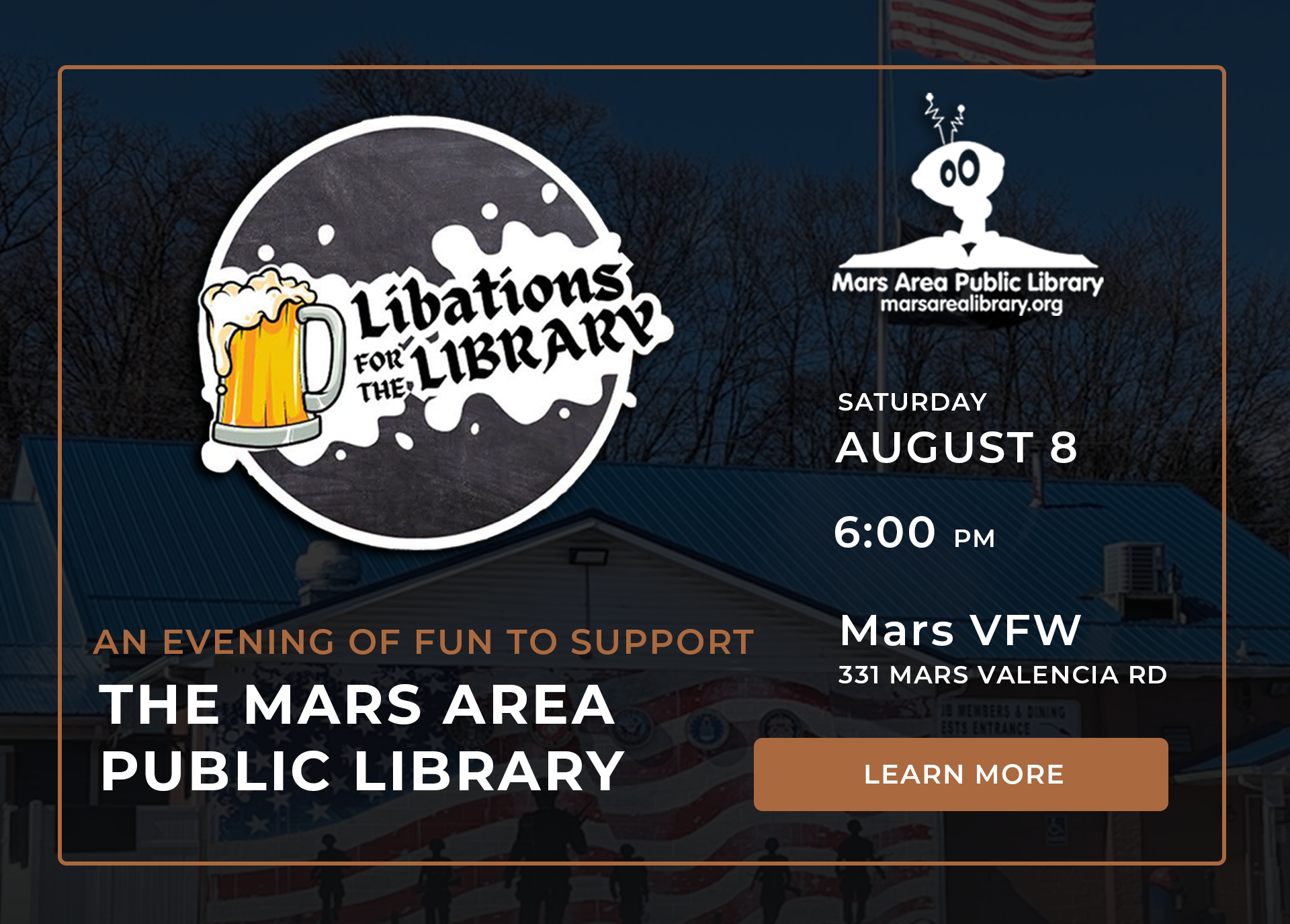 Libations at the Library fundraiser poster for The Mars Area Public Library, Saturday August 8 2026 at 6:00 PM.