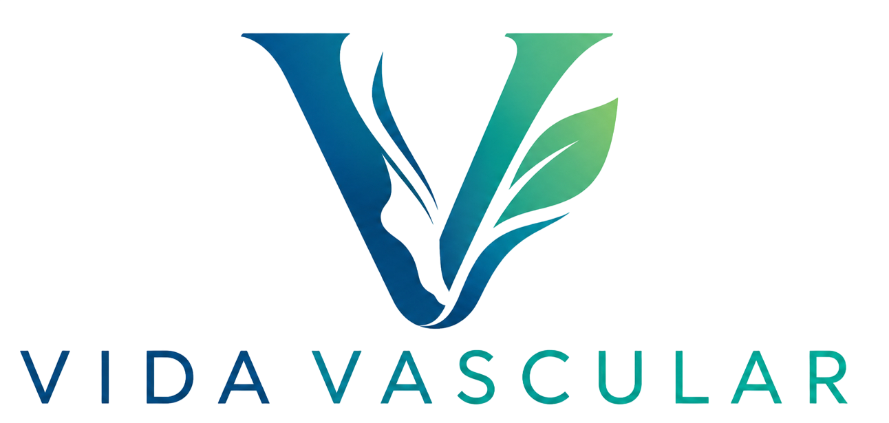 Logotipo de Vida Vascular con icono de hoja o vaso sanguíneo estilizado en azul y verde.
