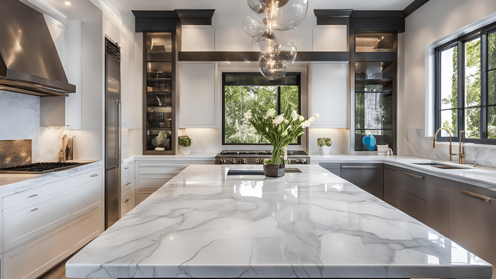 A kitchen with a large island and a marble counter top.