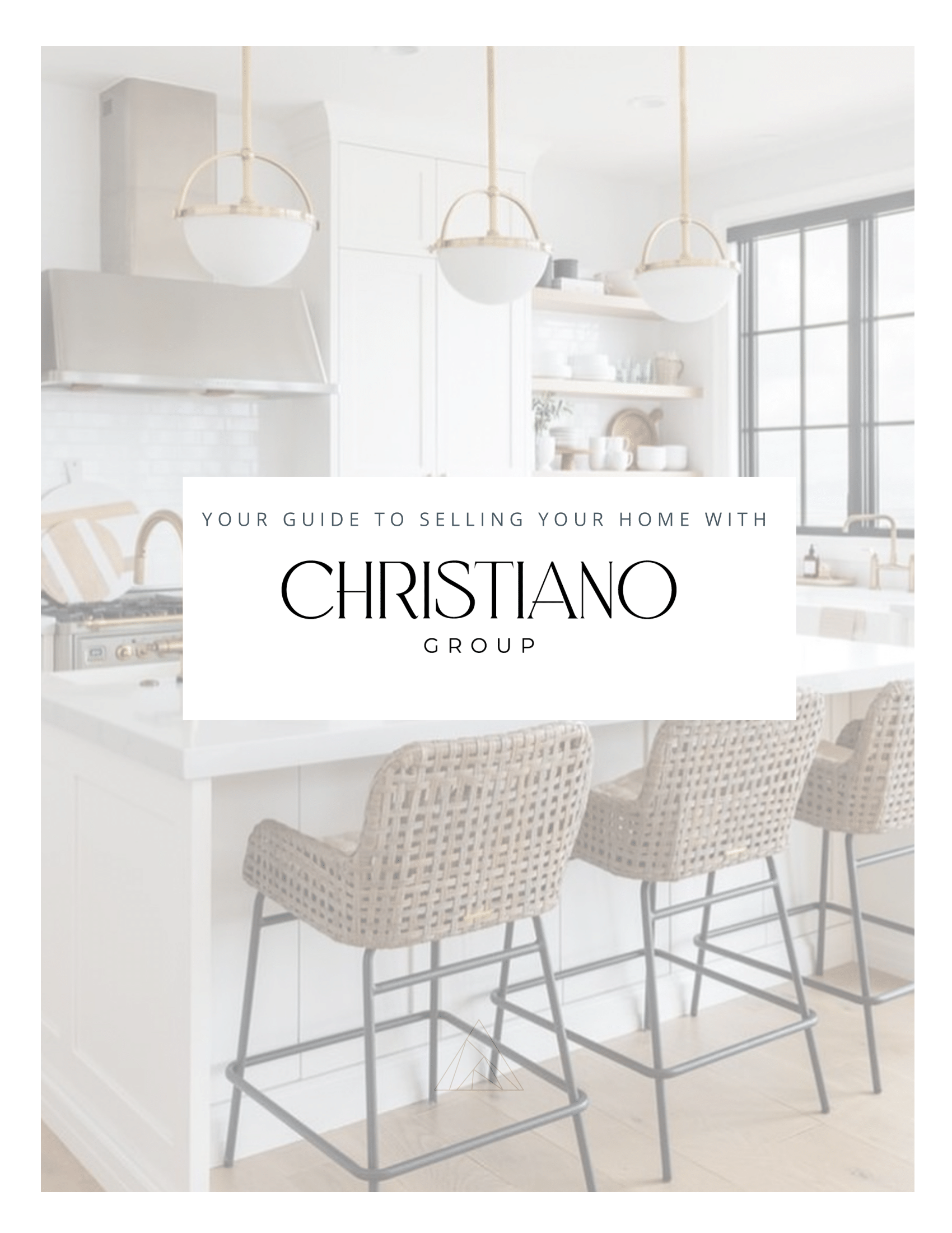 Bright white kitchen with island, woven barstools, and the text “Cristiano” centered on a sign