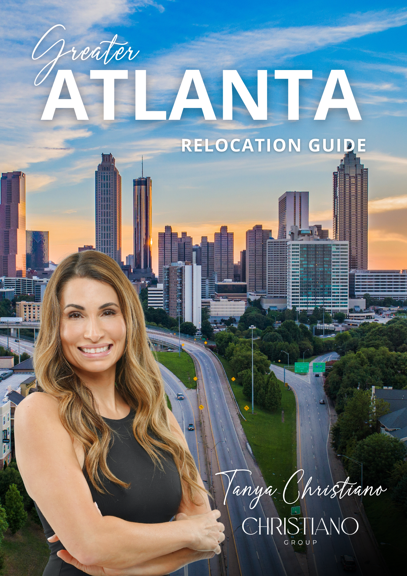 A woman is standing in front of a city skyline with her arms crossed.