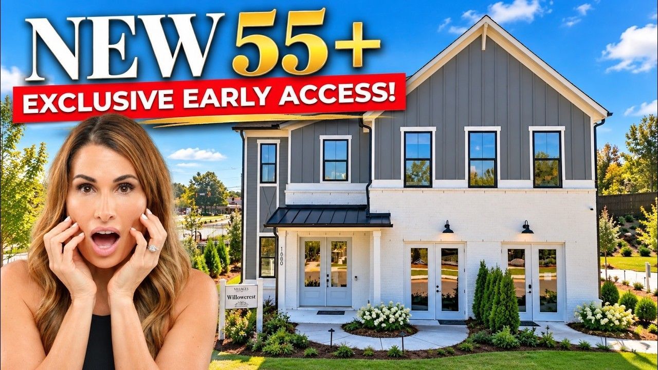 A luxury home in a 55+ community with a woman expressing surprise in front of it, surrounded by greenery.