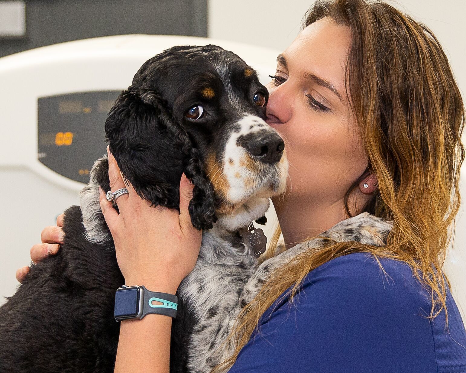 Woman kisses a black-and-white dog while holding its face in a bright indoor setting