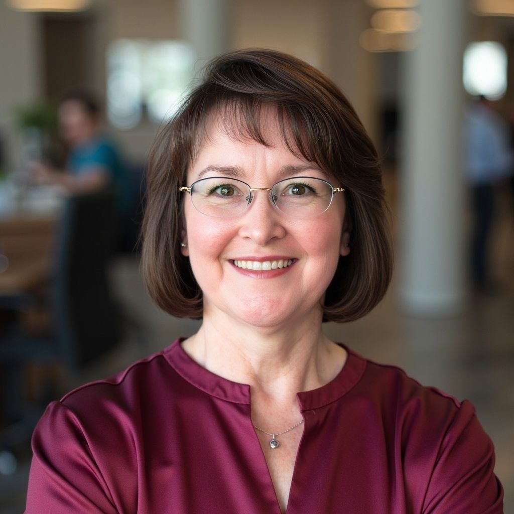 Smiling woman in a burgundy blouse and glasses in a softly blurred indoor setting
