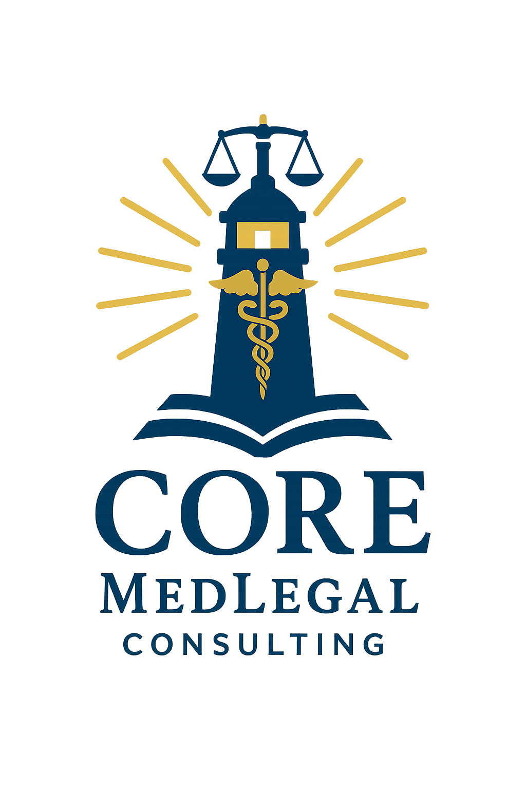 Core MedLegal Consulting logo with blue scales, caduceus, and gold rays above the text.