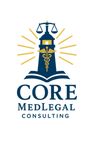Core MedLegal Consulting logo with blue scales, caduceus, and gold rays above the text.