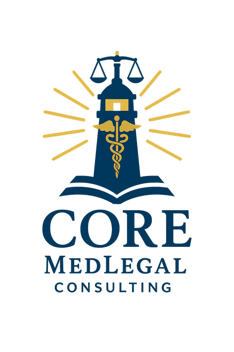 Core MedLegal Consulting logo with blue scales, caduceus, and gold rays above the text.