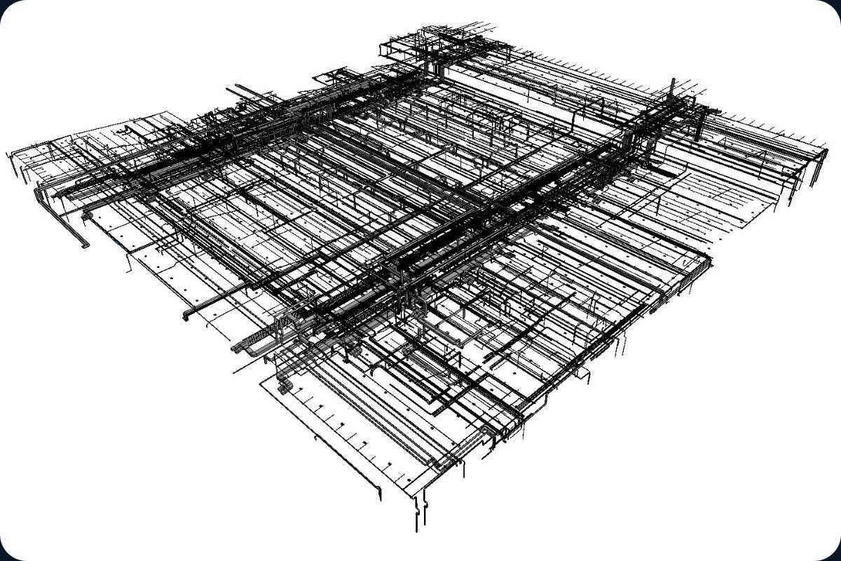 Structure filaire architecturale en noir et blanc d'un grand bâtiment