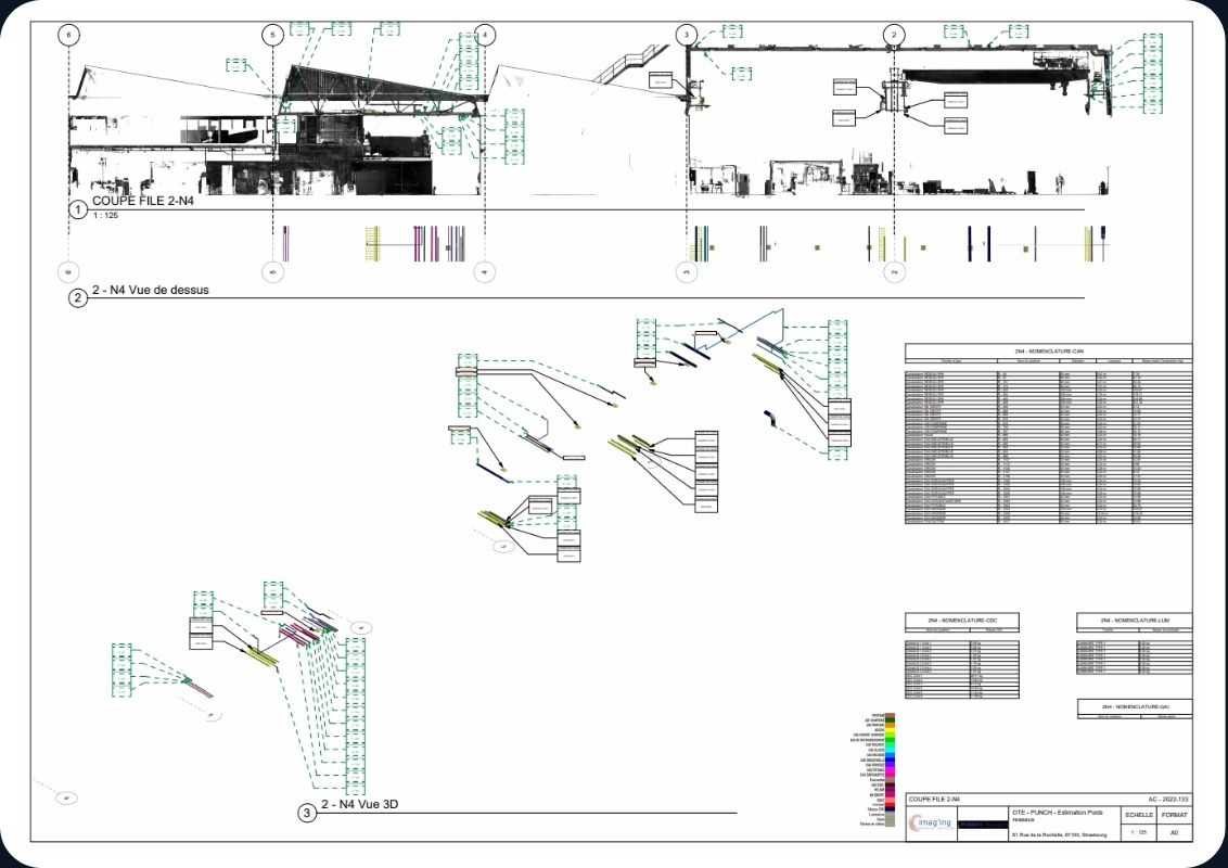 Dessins architecturaux en élévation et en coupe avec annotations, dimensions et détails sur fond blanc