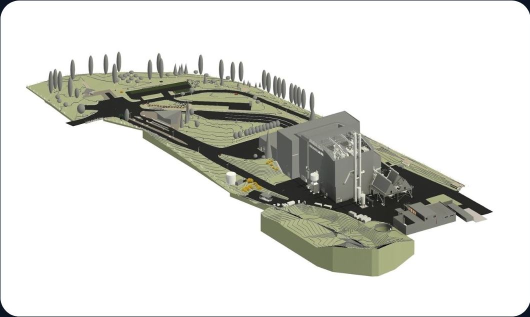 Modèle architectural 3D d'un bâtiment moderne à toit végétalisé avec arbres et allées