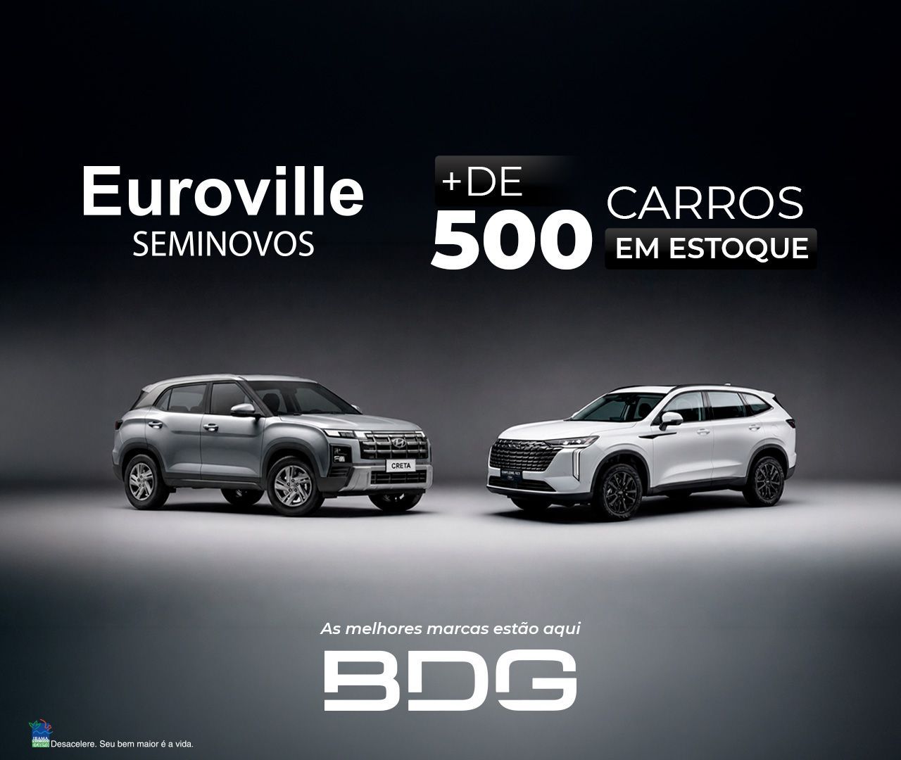 Euroville Semínovos promo with two SUVs, “+ de 500 carros em estoque” on a dark background.