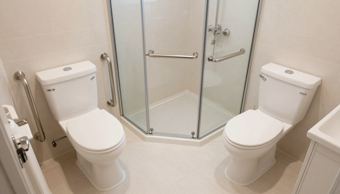 Photorealistic senior-friendly bathroom with grab bars, bright lighting, and clear walkways
