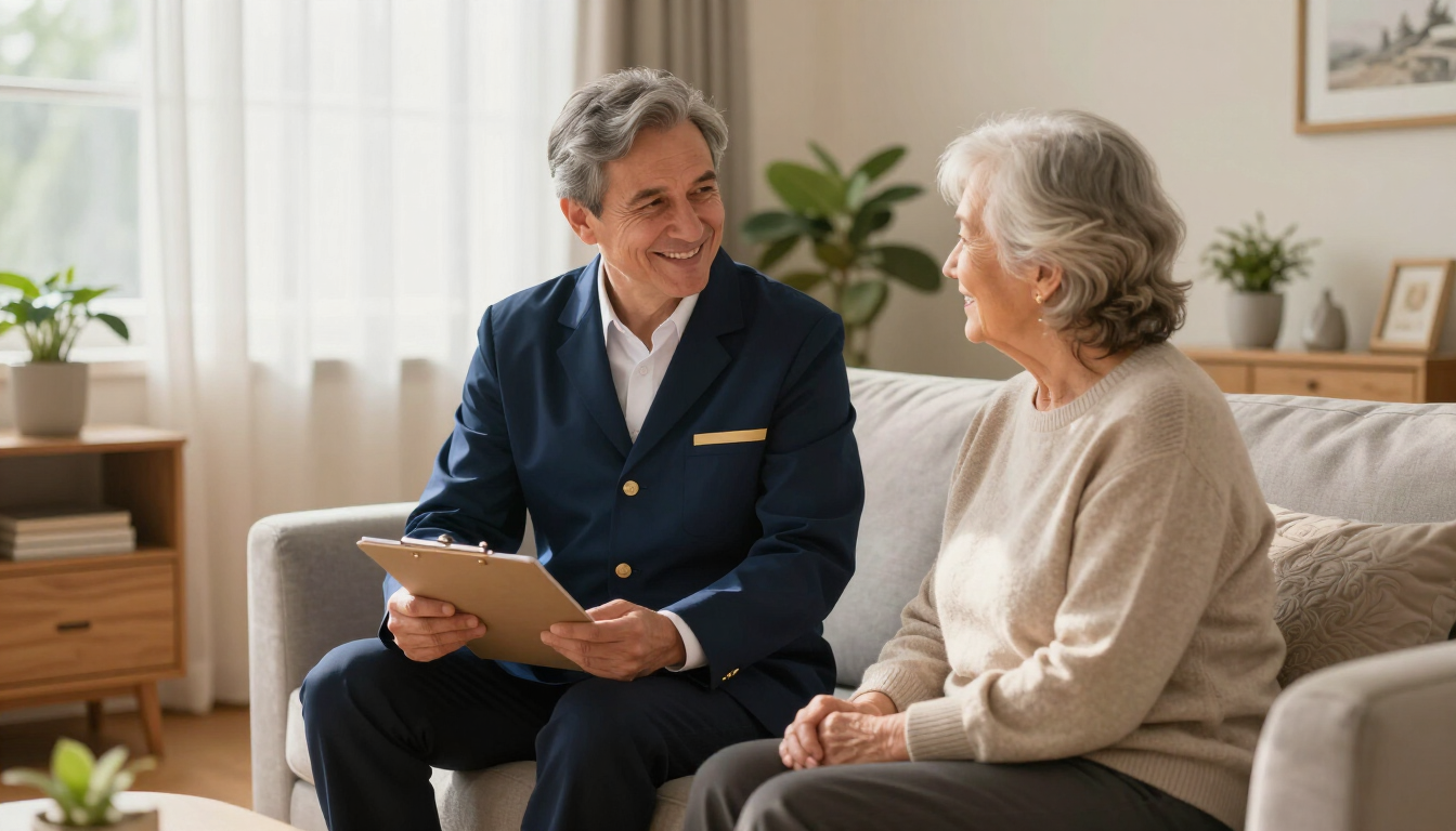 Senior concierge professional checking in with an older adult at home