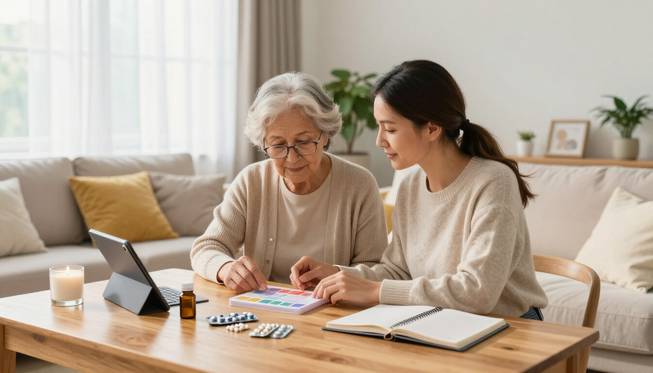 Adult daughter helping a senior parent plan extra help at home