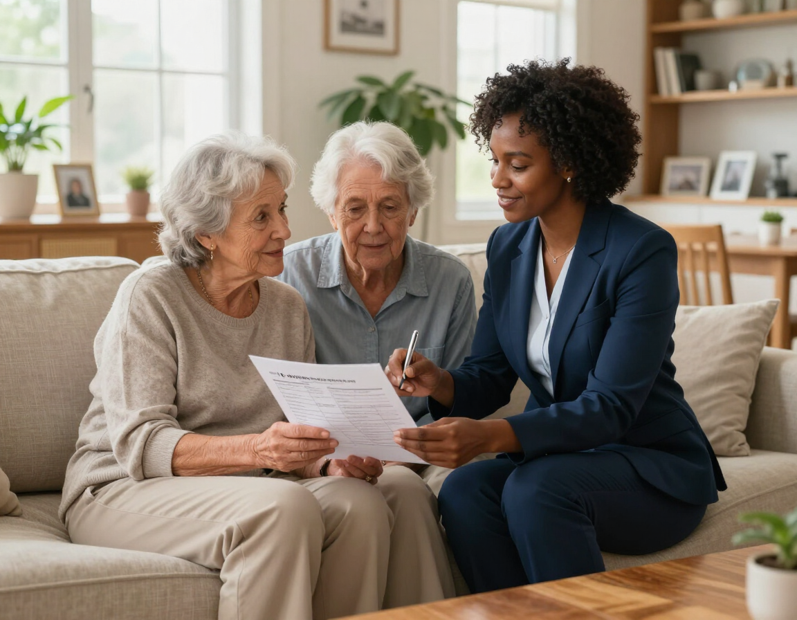 Senior couple reviewing a home safety checklist with a supportive professional