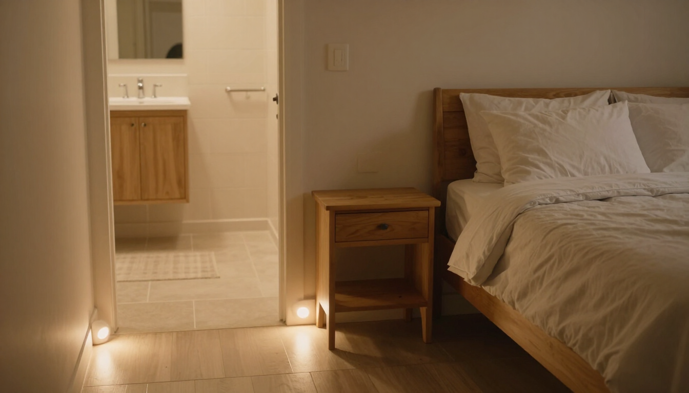A well-lit senior bedroom with a clear path to the bathroom