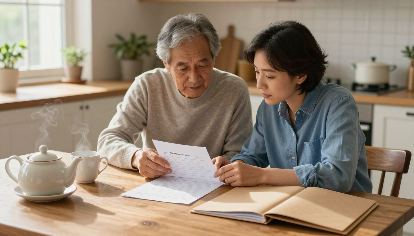 Photorealistic parent and adult child reviewing a simple downsizing checklist at a kitchen table