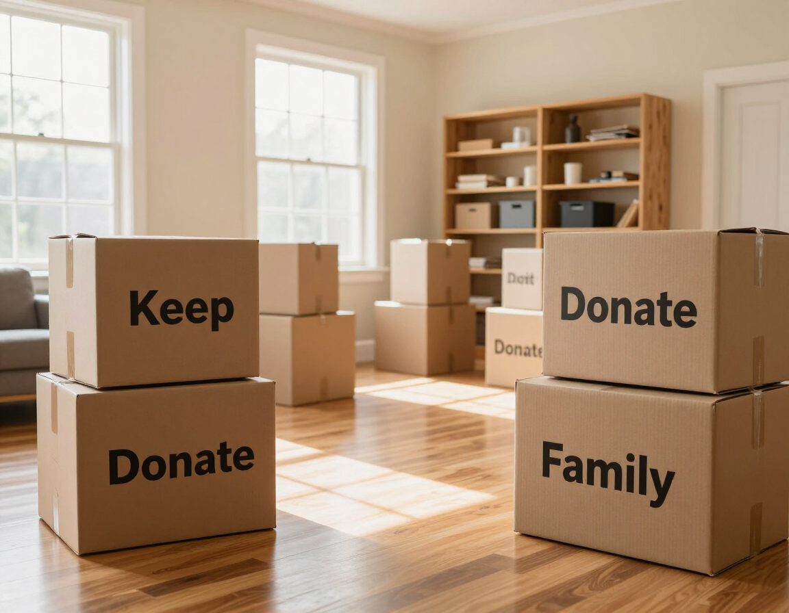 Photorealistic organized boxes labeled keep donate and family in a bright senior home with clear walkways