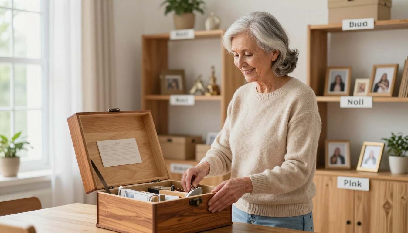 Photorealistic senior woman smiling beside a neatly organized keepsake box and labeled shelves in a comfortable home