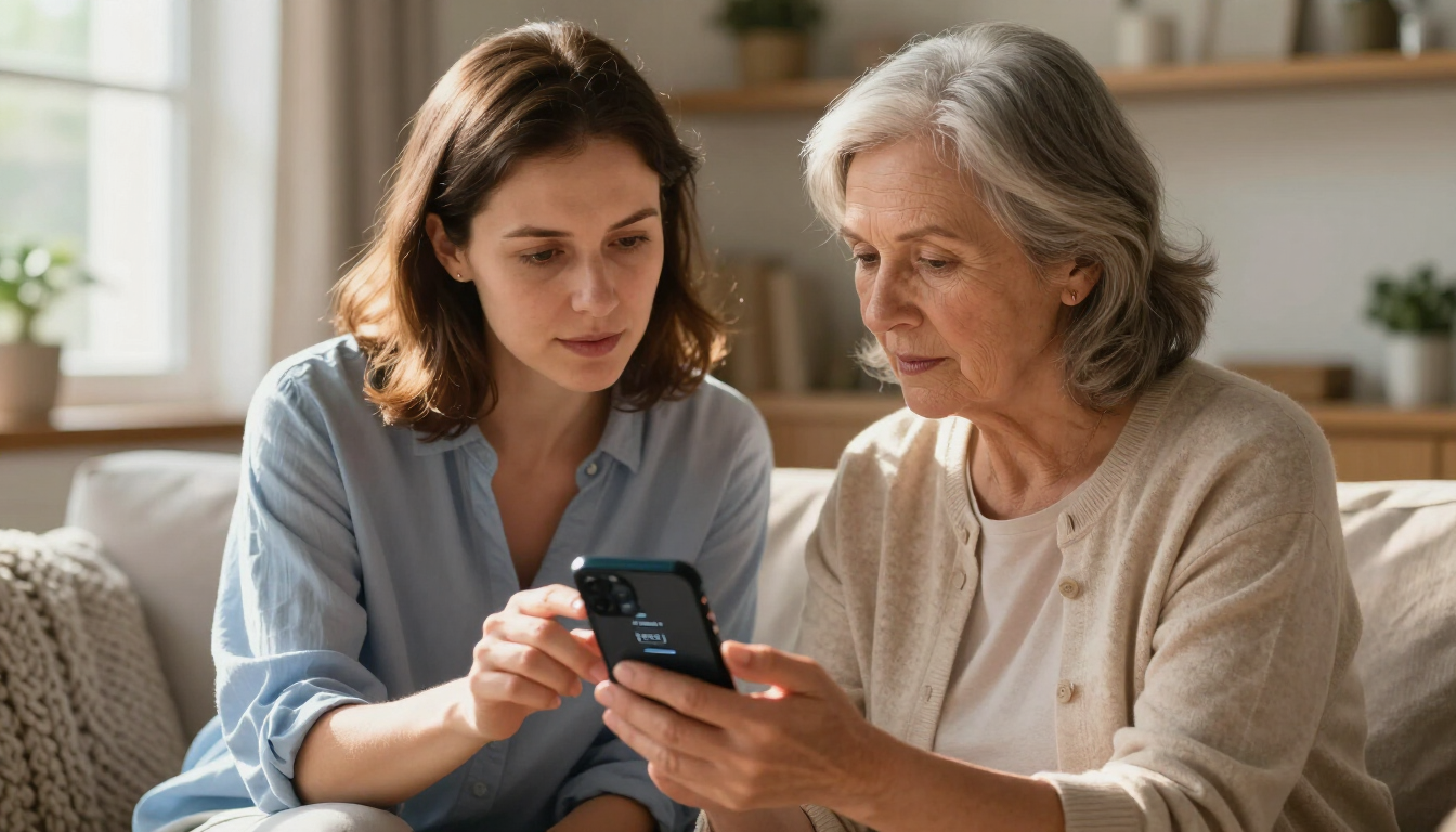 Family reviewing smartphone safety settings