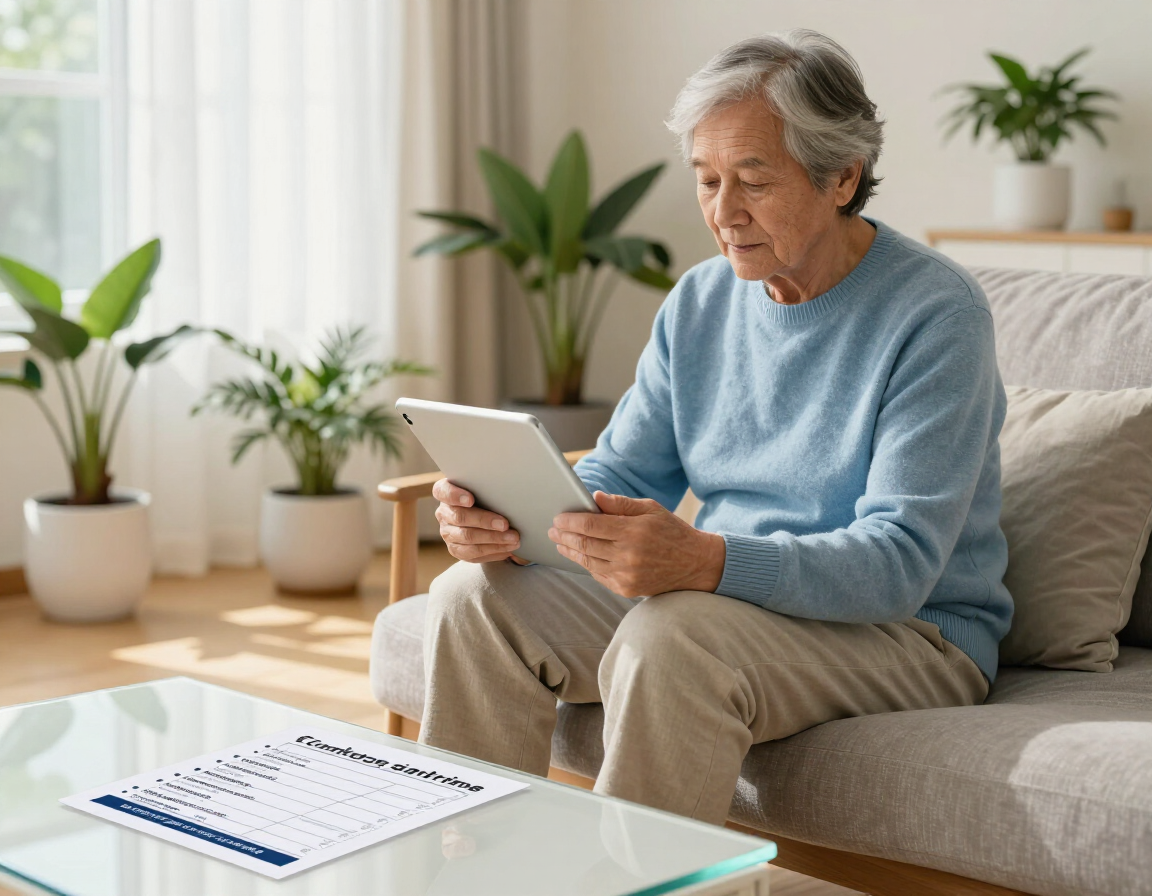 Older adult using a tablet with a simple written technology checklist