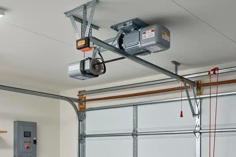 A wall-mounted jackshaft garage door opener installed on the ceiling near a white sectional garage door.