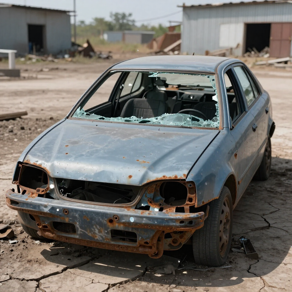 Dépanneuse avec une voiture argentée endommagée sur son plateau. Extérieur, ciel nuageux.